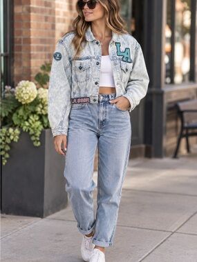 Vintage Rare LA Gear Acid Wash Cropped Denim Jacket 80s 90s Size M